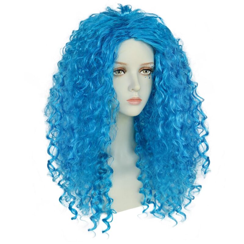 Anogol Hair Cap+1pcs Gem Sticker Chloe Wig Blue Wig Blue Curly Wig Long Blue Cosplay Wig with Buns Womens Synthetic Wig Anime Outfit for Halloween Party Wig - Image 5