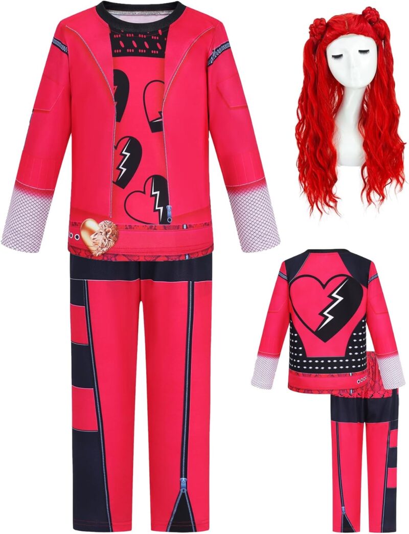 Girls Red Costume with Red Wig Kids Halloween Costumes Movie Cosplay Outfits Shirt Pants for Birthday Party ﻿