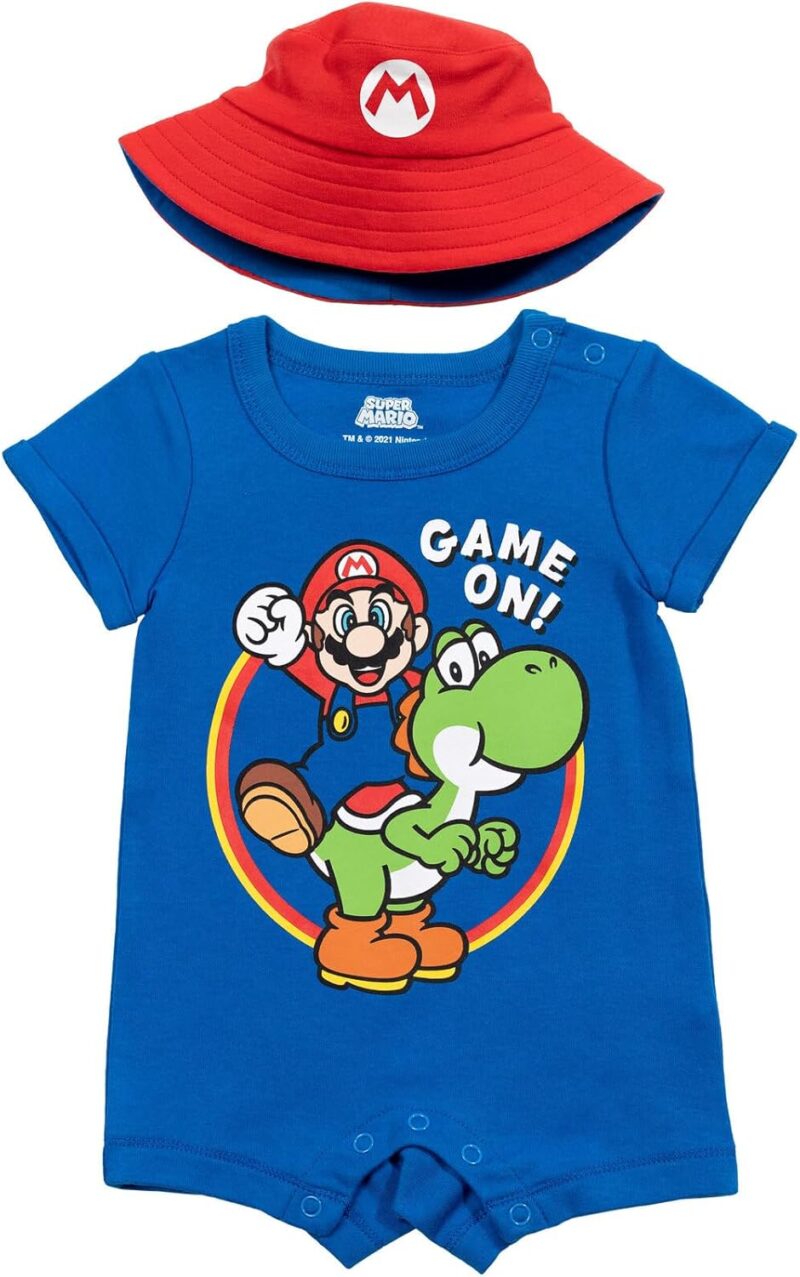 Super Mario Nintendo Mario Yoshi Baby Romper and Bucket Sun Hat Newborn to Infant