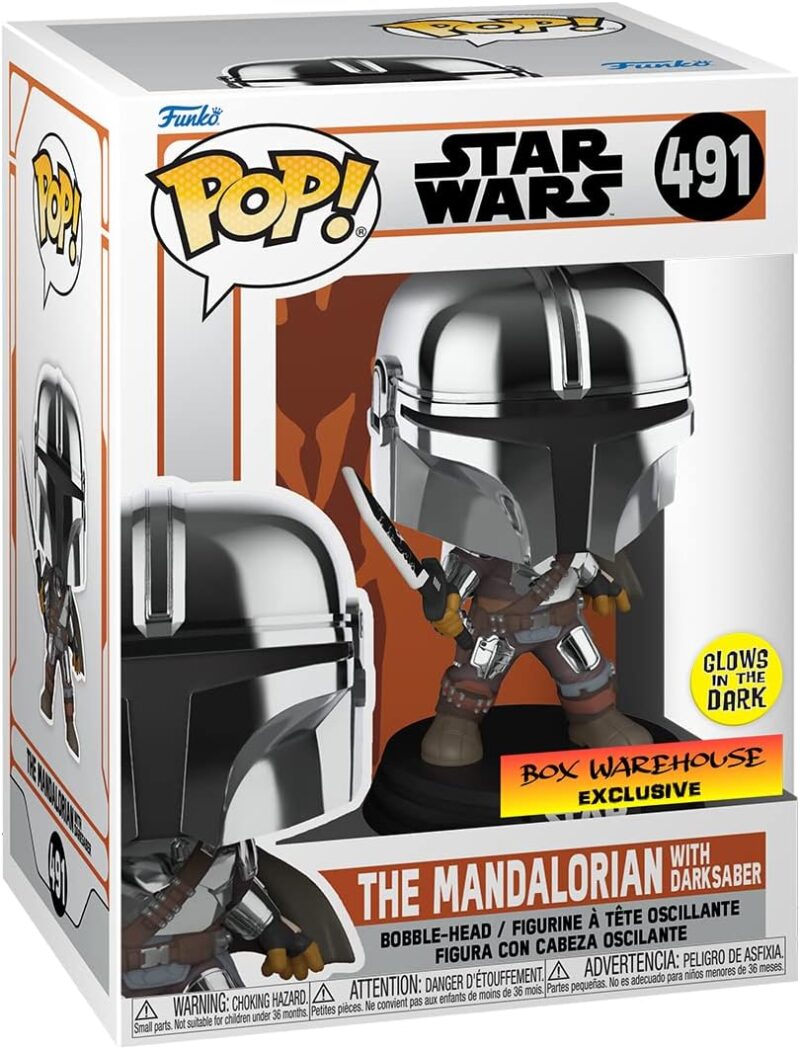 POP Funko Star Wars Mandalorian with Darksaber (Chrome & Glow in The Dark), Exclusive - Image 2