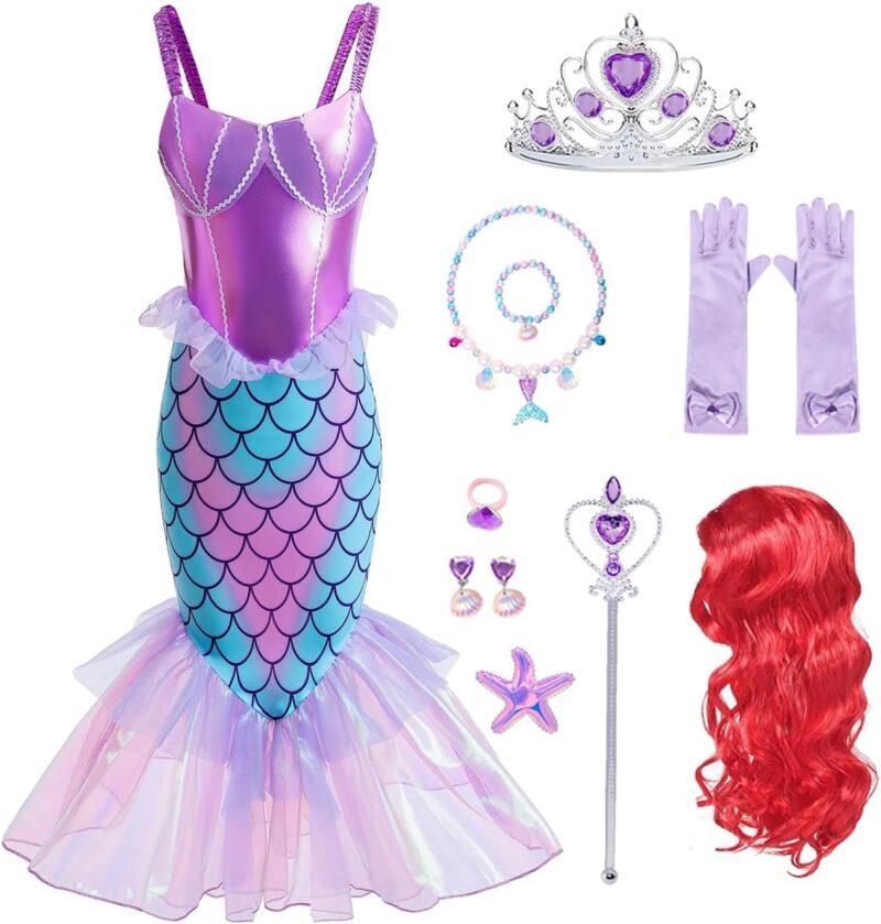 Little Girls Mermaid Costume Princess Dress Up Ariel Outfits with Accessories Wig Birthday Party Halloween Cosplay