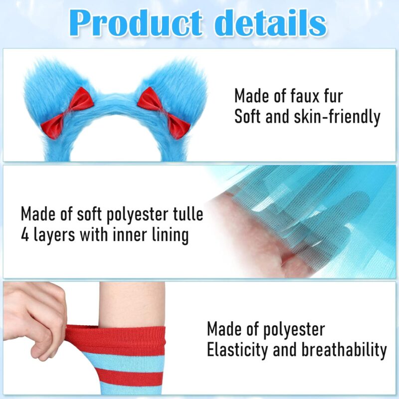 Jeyiour Halloween Girls Costume Blue Tutu Set Including 4 Layered Classic Tutu Skirt Fuzzy Headband Red Blue Striped Knee Length Socks Arm Warmer Fingerless Gloves for Kids Halloween Cosplay - Image 3