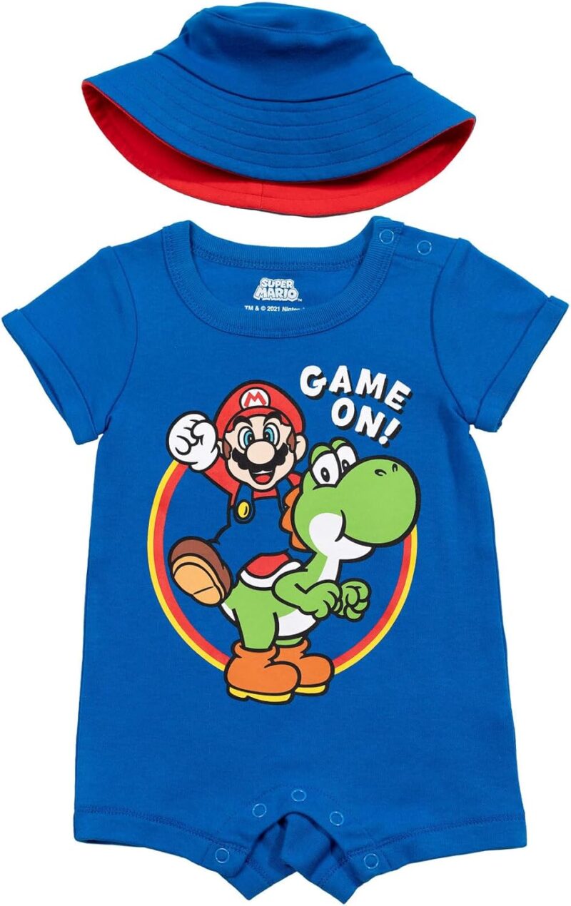 Super Mario Nintendo Mario Yoshi Baby Romper and Bucket Sun Hat Newborn to Infant - Image 2