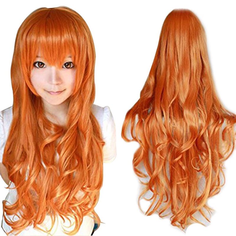 Anogol Hair Cap + 32 in/80 cm Orange Long Wavy Cosplay Wig Synthetic Wig for Girls Orange Cosplay Wig Orange Wavy Wig for Costume Halloween Party