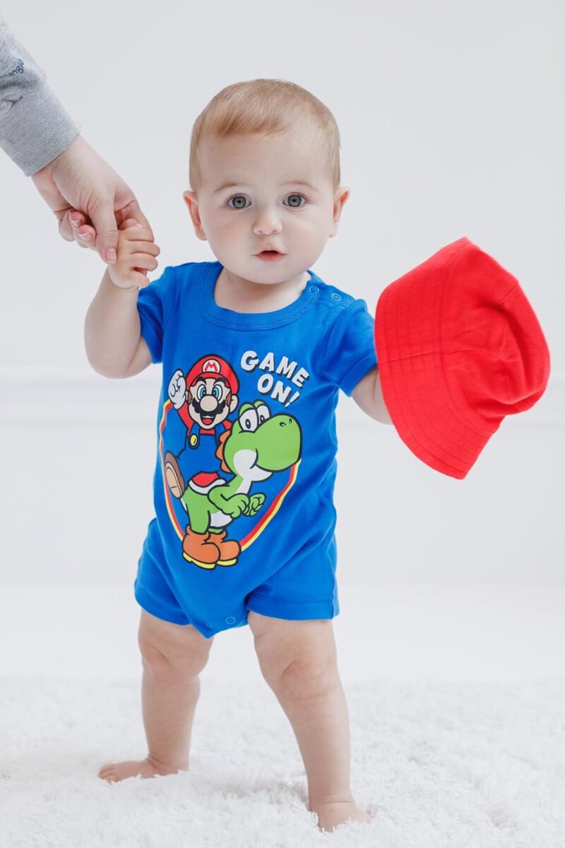 Super Mario Nintendo Mario Yoshi Baby Romper and Bucket Sun Hat Newborn to Infant - Image 4