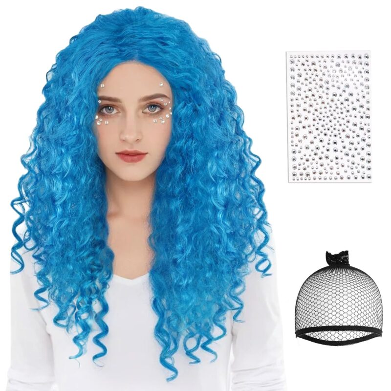 Anogol Hair Cap+1pcs Gem Sticker Chloe Wig Blue Wig Blue Curly Wig Long Blue Cosplay Wig with Buns Womens Synthetic Wig Anime Outfit for Halloween Party Wig