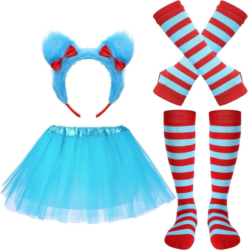 Jeyiour Halloween Girls Costume Blue Tutu Set Including 4 Layered Classic Tutu Skirt Fuzzy Headband Red Blue Striped Knee Length Socks Arm Warmer Fingerless Gloves for Kids Halloween Cosplay