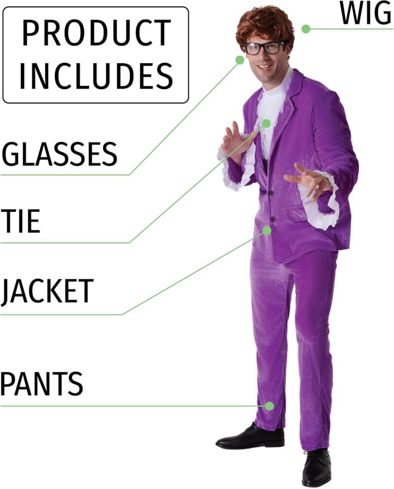 Maxim Party Supplies Men's 60's Swinger Spy Costume, 5 Piece Groovy Purple Velvet Suit with Wig and Glasses for Halloween - Image 2