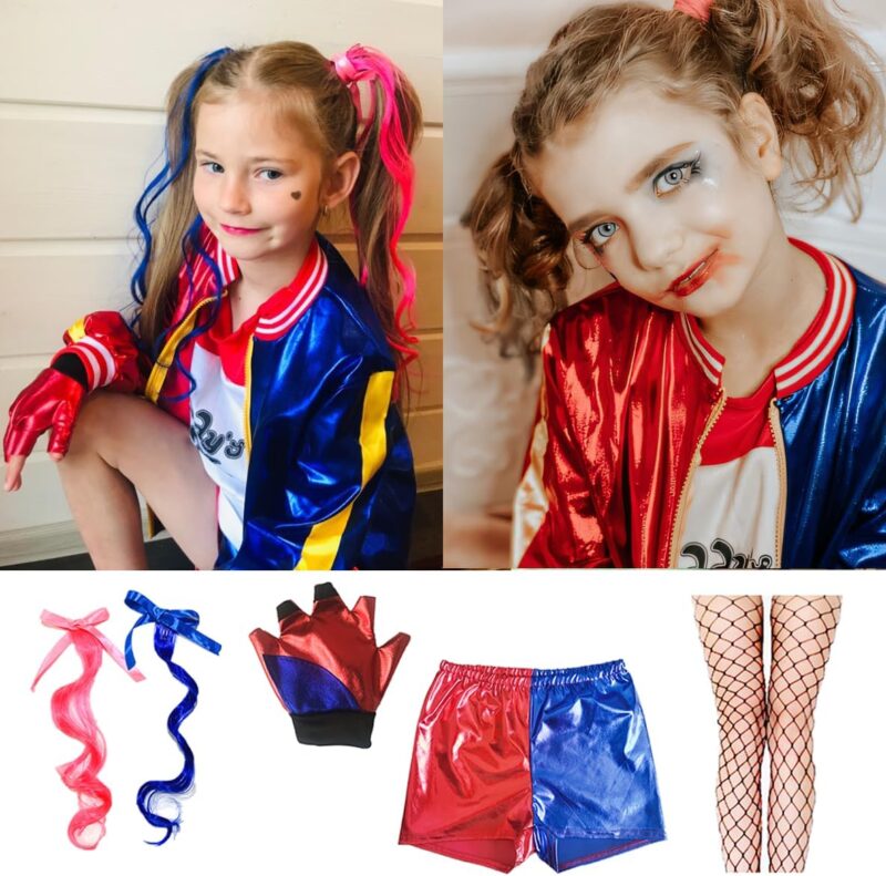 Girls Costume Set kids' Cosplay outfits 7Pcs Halloween Attires with Jacket T-shirt Shorts Glove Stockings - Image 2