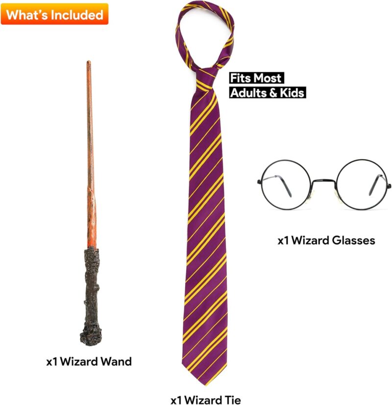 Skeleteen Wizard Costume Accessories Set - Nerd Circle Glasses, Red and Gold Tie and a Magic Wand Accessory Set for Kids and Adults - Image 3