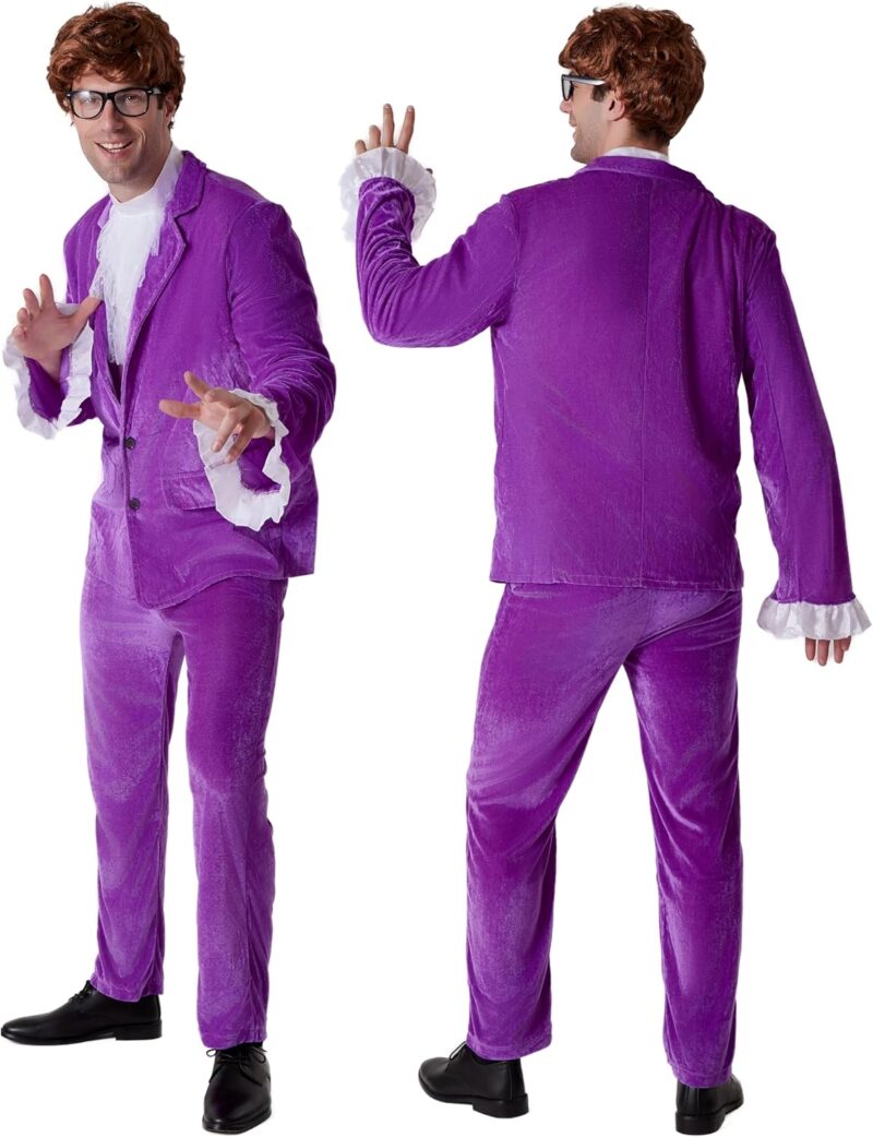 Maxim Party Supplies Men's 60's Swinger Spy Costume, 5 Piece Groovy Purple Velvet Suit with Wig and Glasses for Halloween - Image 3