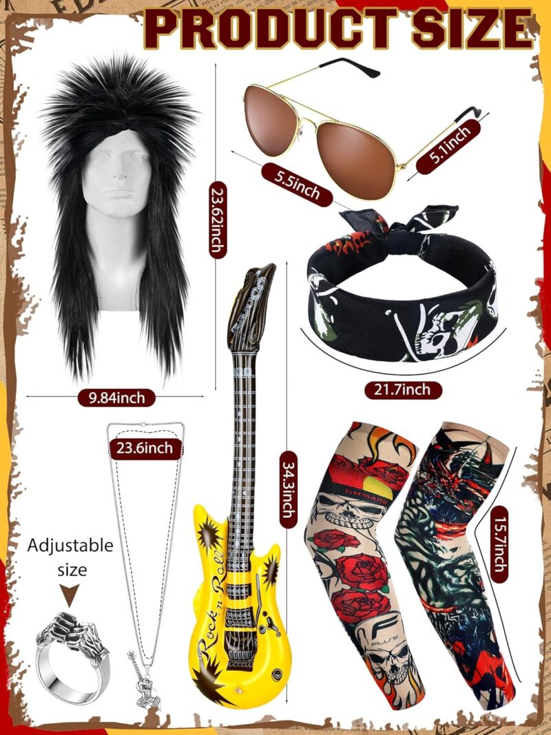 Mepase 9 Pcs Halloween 80s Rock Costume Set Rock Wig Fabric Headband Tattoo Sleeve Gloves Cuff Glasses Inflatable Guitar - Image 3