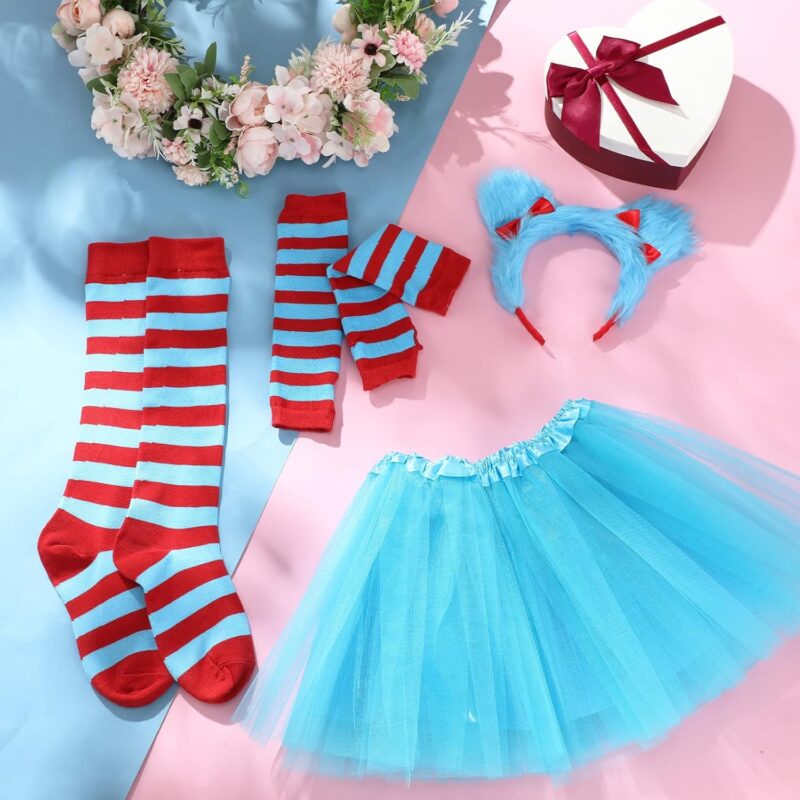 Jeyiour Halloween Girls Costume Blue Tutu Set Including 4 Layered Classic Tutu Skirt Fuzzy Headband Red Blue Striped Knee Length Socks Arm Warmer Fingerless Gloves for Kids Halloween Cosplay - Image 6