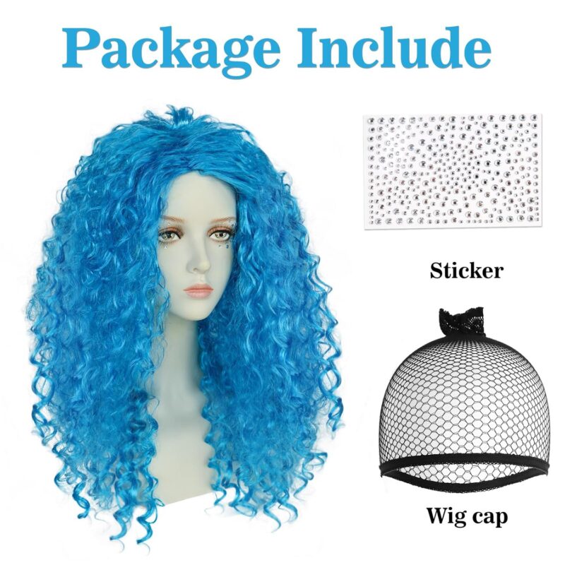 Anogol Hair Cap+1pcs Gem Sticker Chloe Wig Blue Wig Blue Curly Wig Long Blue Cosplay Wig with Buns Womens Synthetic Wig Anime Outfit for Halloween Party Wig - Image 3