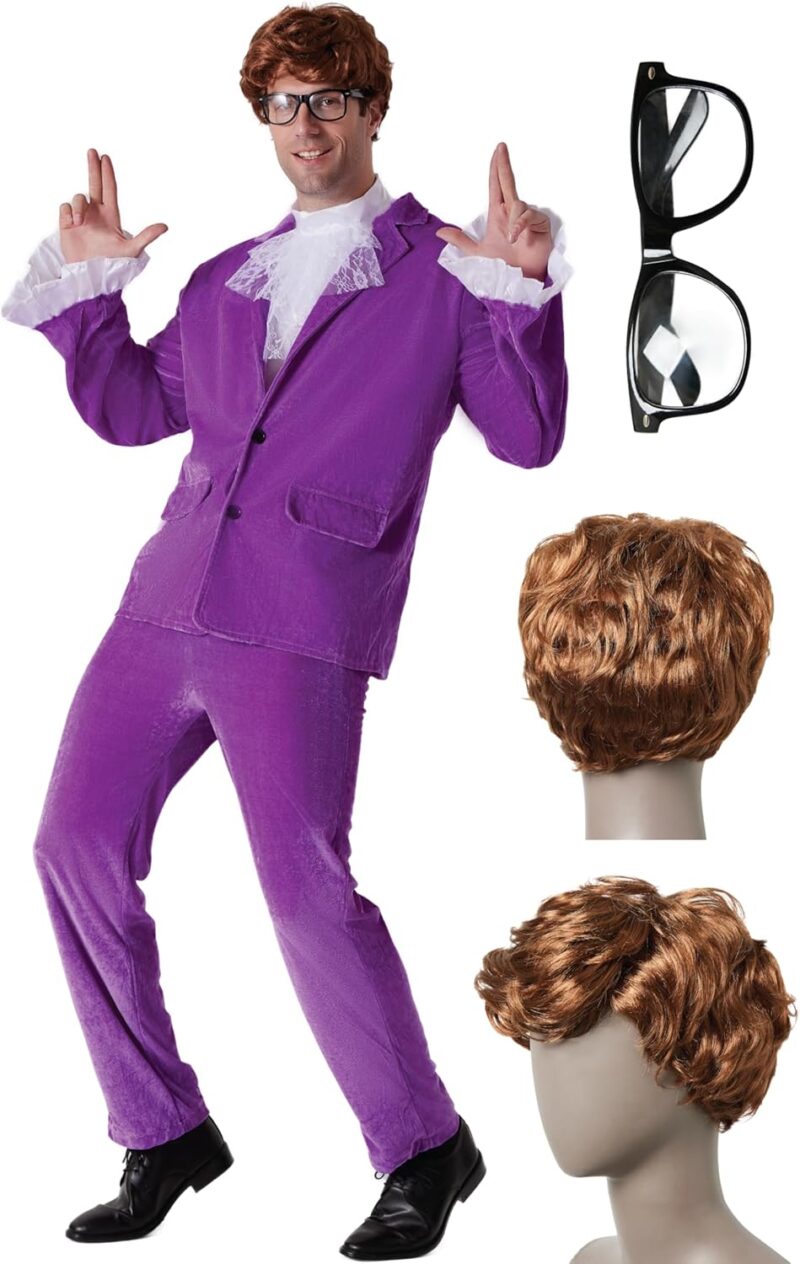 Maxim Party Supplies Men's 60's Swinger Spy Costume, 5 Piece Groovy Purple Velvet Suit with Wig and Glasses for Halloween