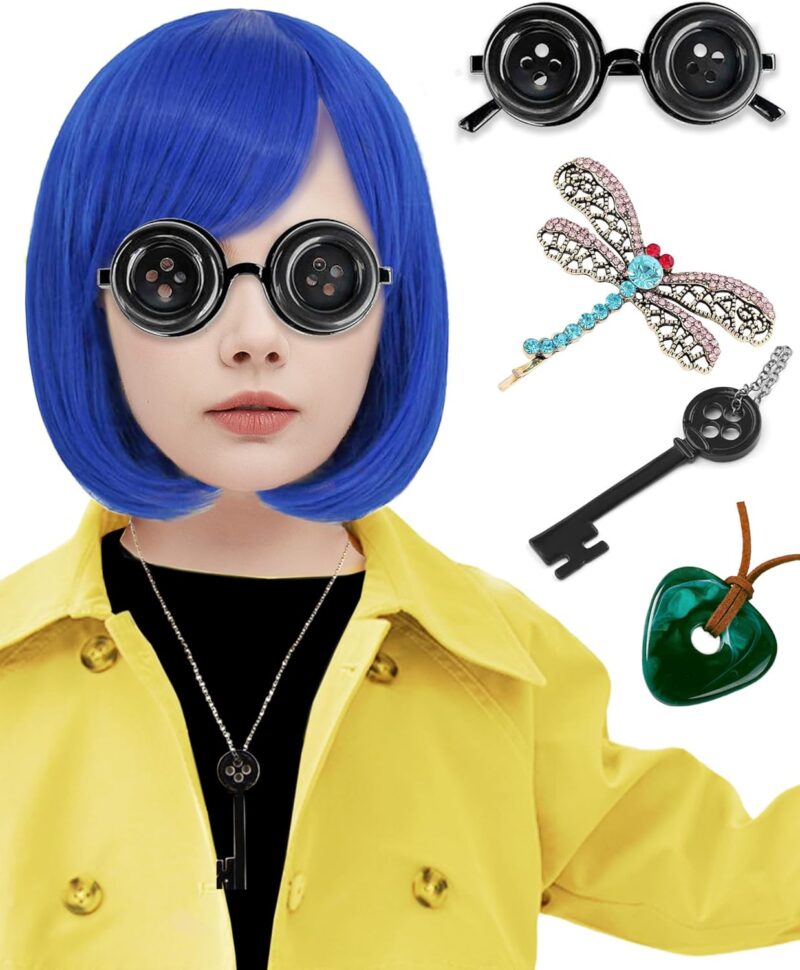 Gothic Girl Costume 6pcs Sets with Blue Wig Button Glasses Key Necklace for Halloween Cosplay Party