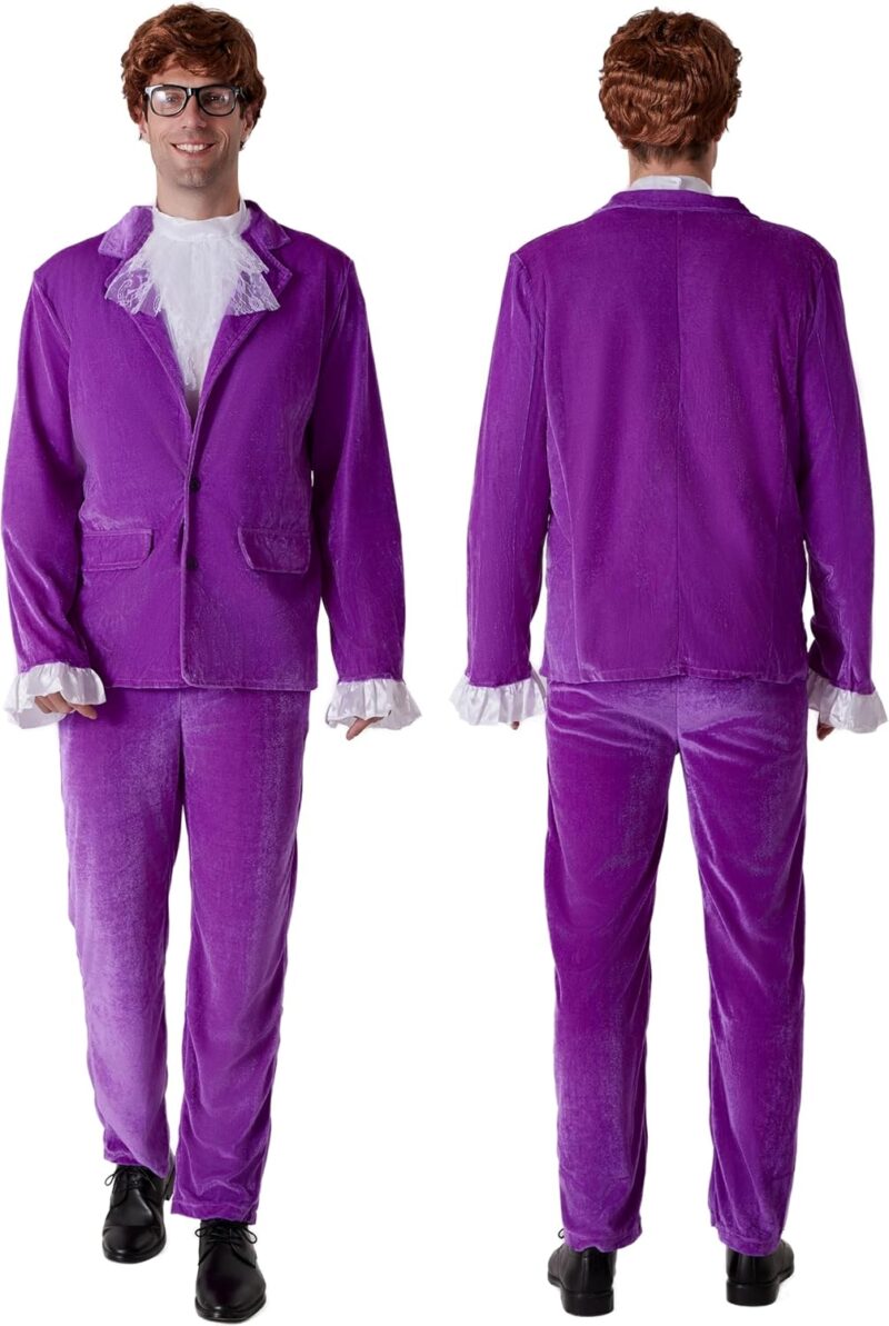 Maxim Party Supplies Men's 60's Swinger Spy Costume, 5 Piece Groovy Purple Velvet Suit with Wig and Glasses for Halloween - Image 4