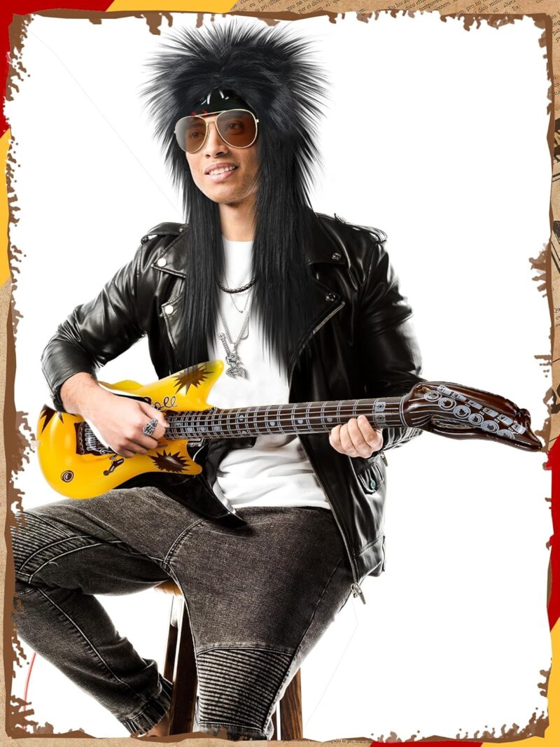 Mepase 9 Pcs Halloween 80s Rock Costume Set Rock Wig Fabric Headband Tattoo Sleeve Gloves Cuff Glasses Inflatable Guitar - Image 4