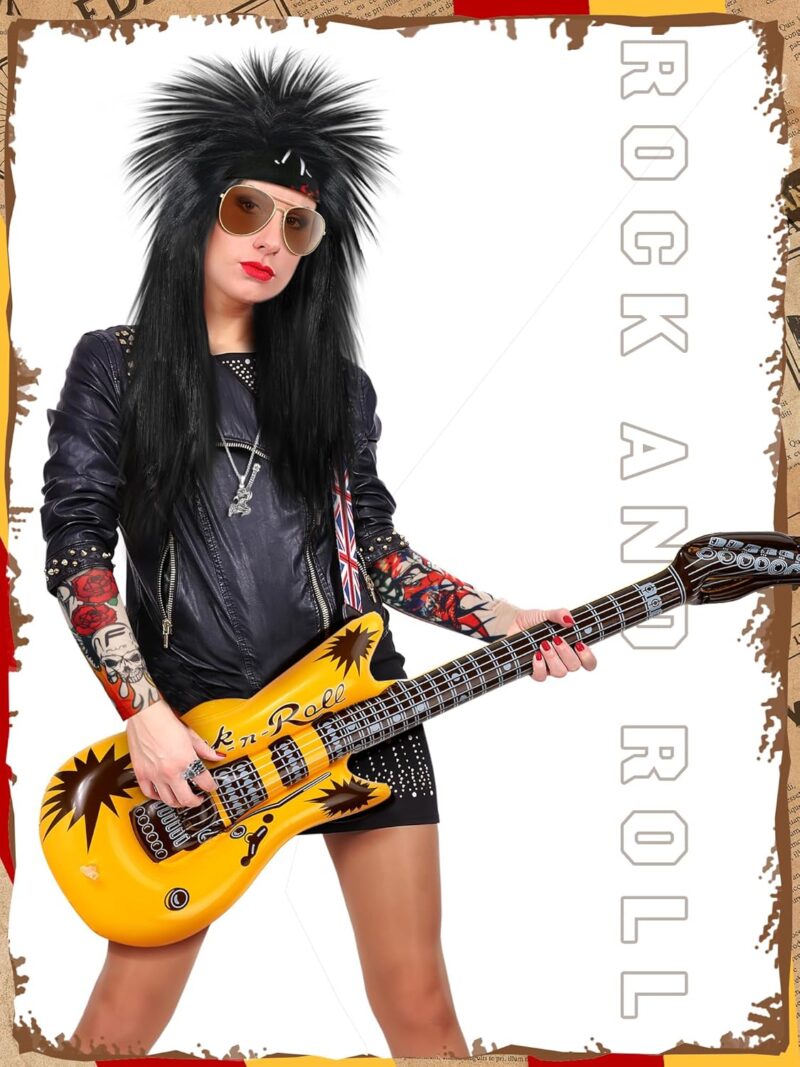 Mepase 9 Pcs Halloween 80s Rock Costume Set Rock Wig Fabric Headband Tattoo Sleeve Gloves Cuff Glasses Inflatable Guitar - Image 6