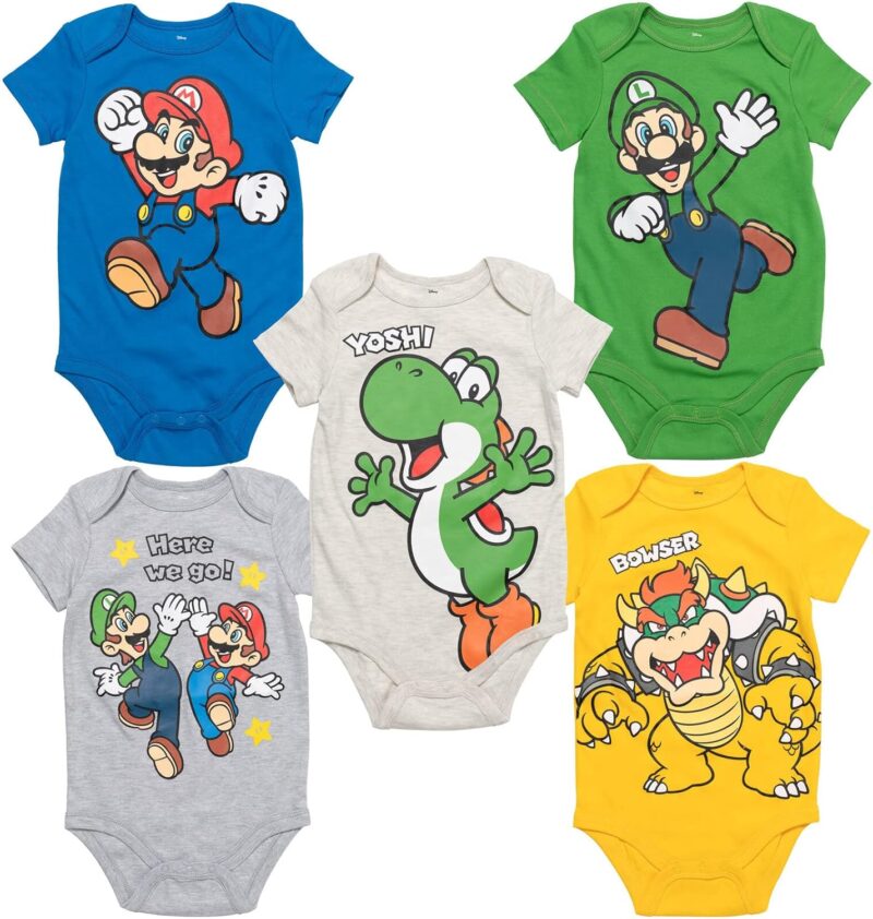 Super Mario Nintendo Donkey Kong Yoshi Mario Lugi Bowser Toad 5 Pack Short Sleeve Bodysuits Newborn to Infant