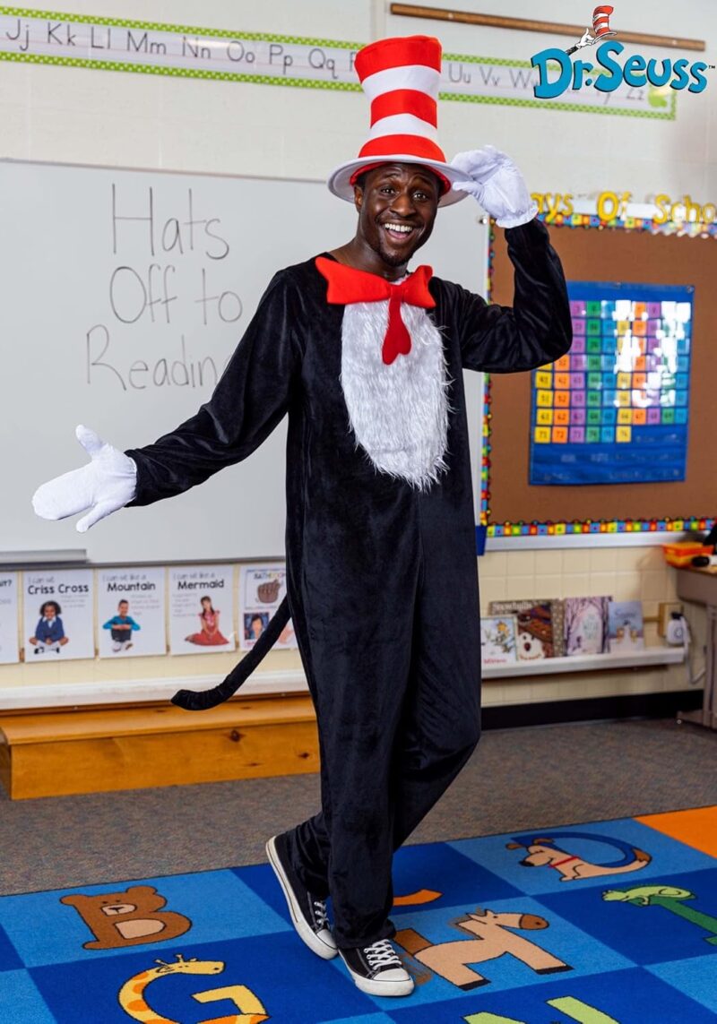 Dr. Seuss Cat in the Hat Costume for Adults - Jumpsuit with Hat and Gloves - Image 2