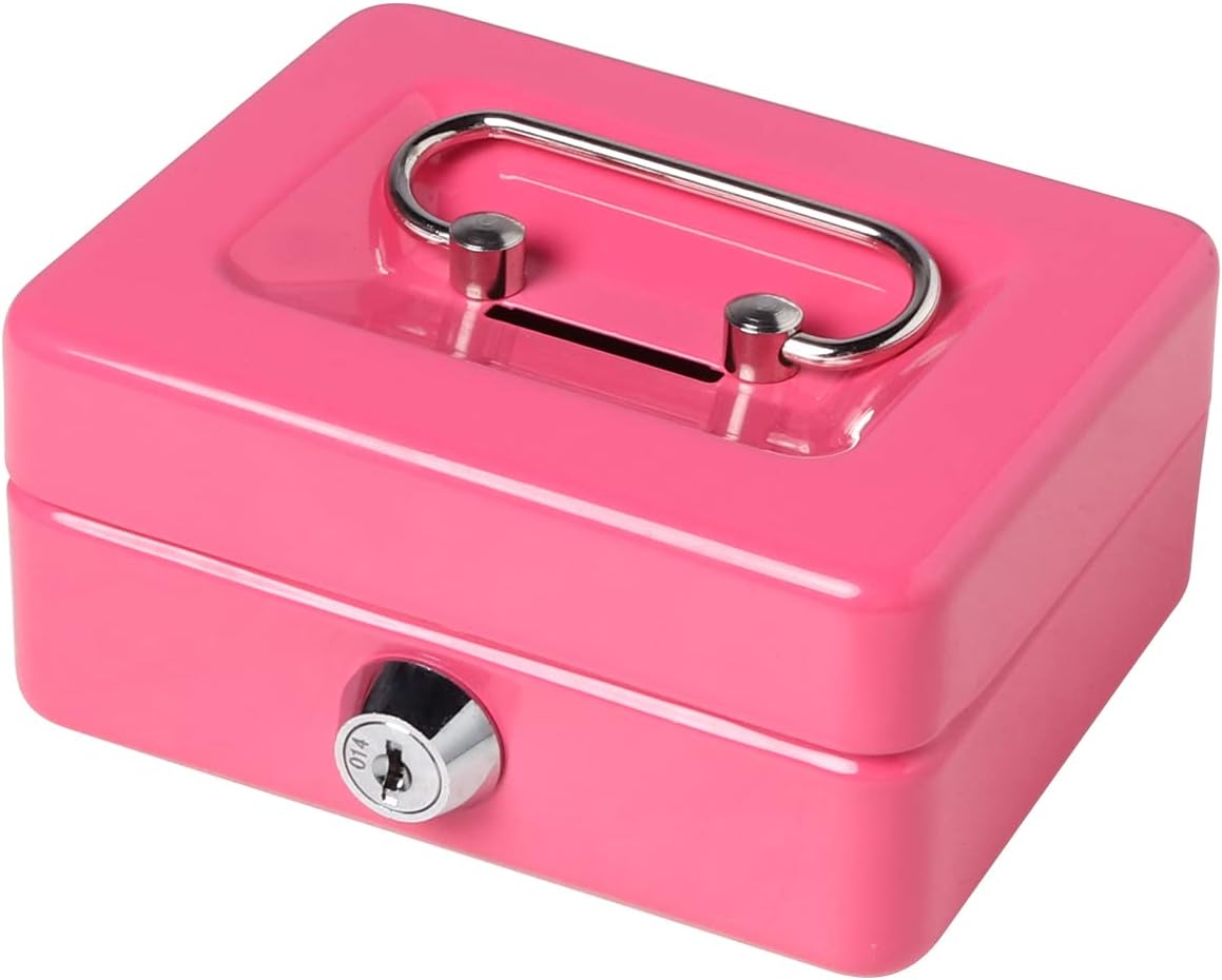 Small Cash Box with Lock and Slot, Decaller Locking Money Box, Metal Coin Piggy Bank for Adults and Kids