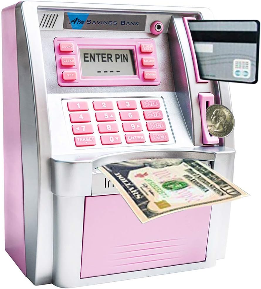 2024 Upgraded ATM Saving Bank Machine for Kids Adults with Card ATM Piggy Bank for Real Money Coin Recognition Mini ATM Savings Bank Money Machine Educational Christmas Birthday Gift(Silver/Pink)