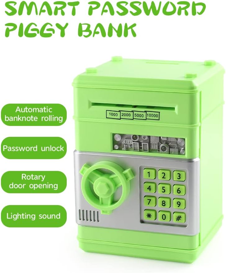 Piggy Bank for Girls Boys Large Electronic Money Coin Banks with Password Protection, Automatic Paper Money Scroll Saving Box, Great Gift for Kids (Green)…