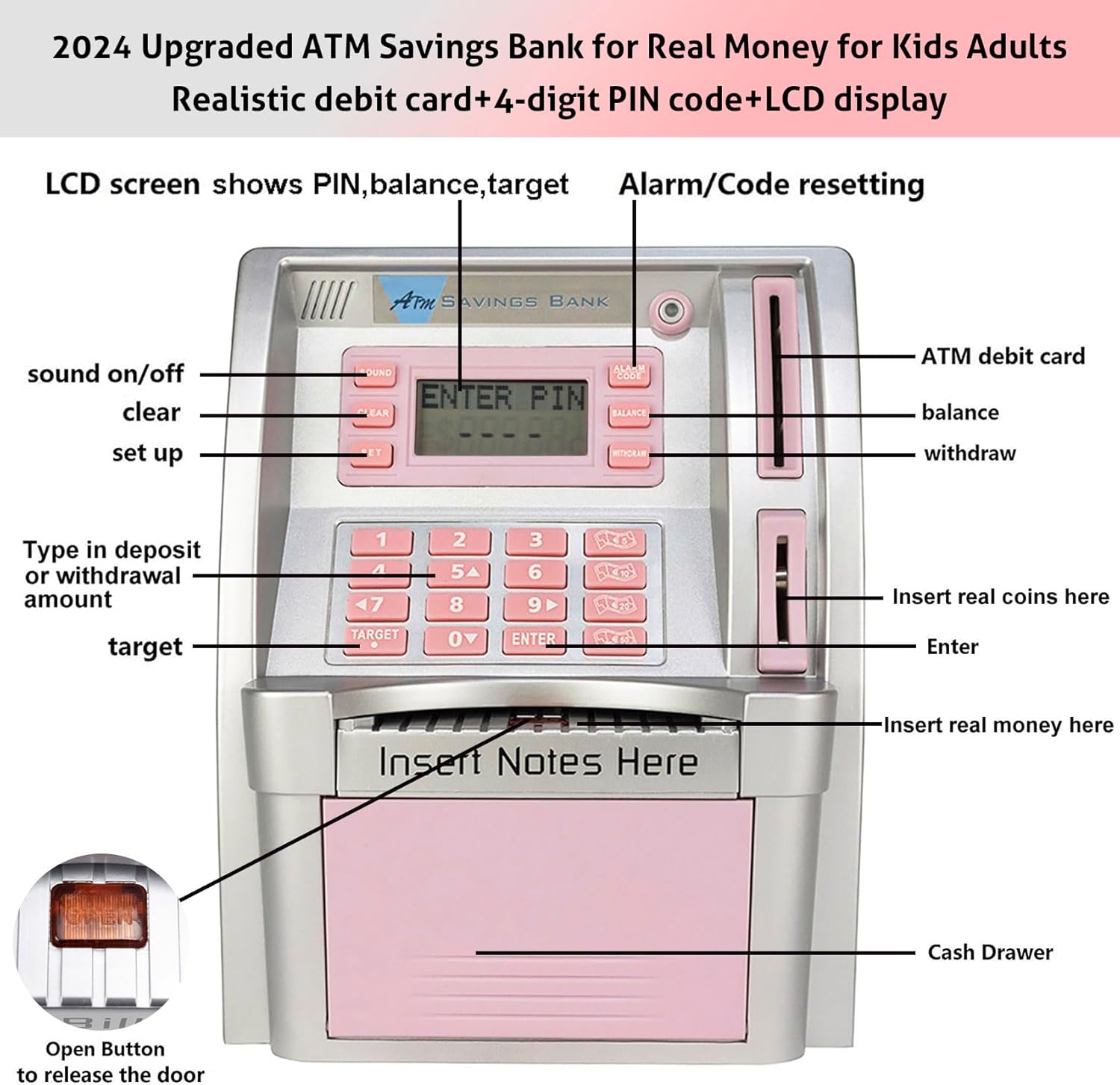 LB Upgraded ATM Piggy Bank for Real Money for Kids Girls Adults,Pink Money Bank Girls Piggy Bank Mini Atm Machine with Debit Card,Password Login,Coin Recognition,Balance Calculator,Electronic Safe Box