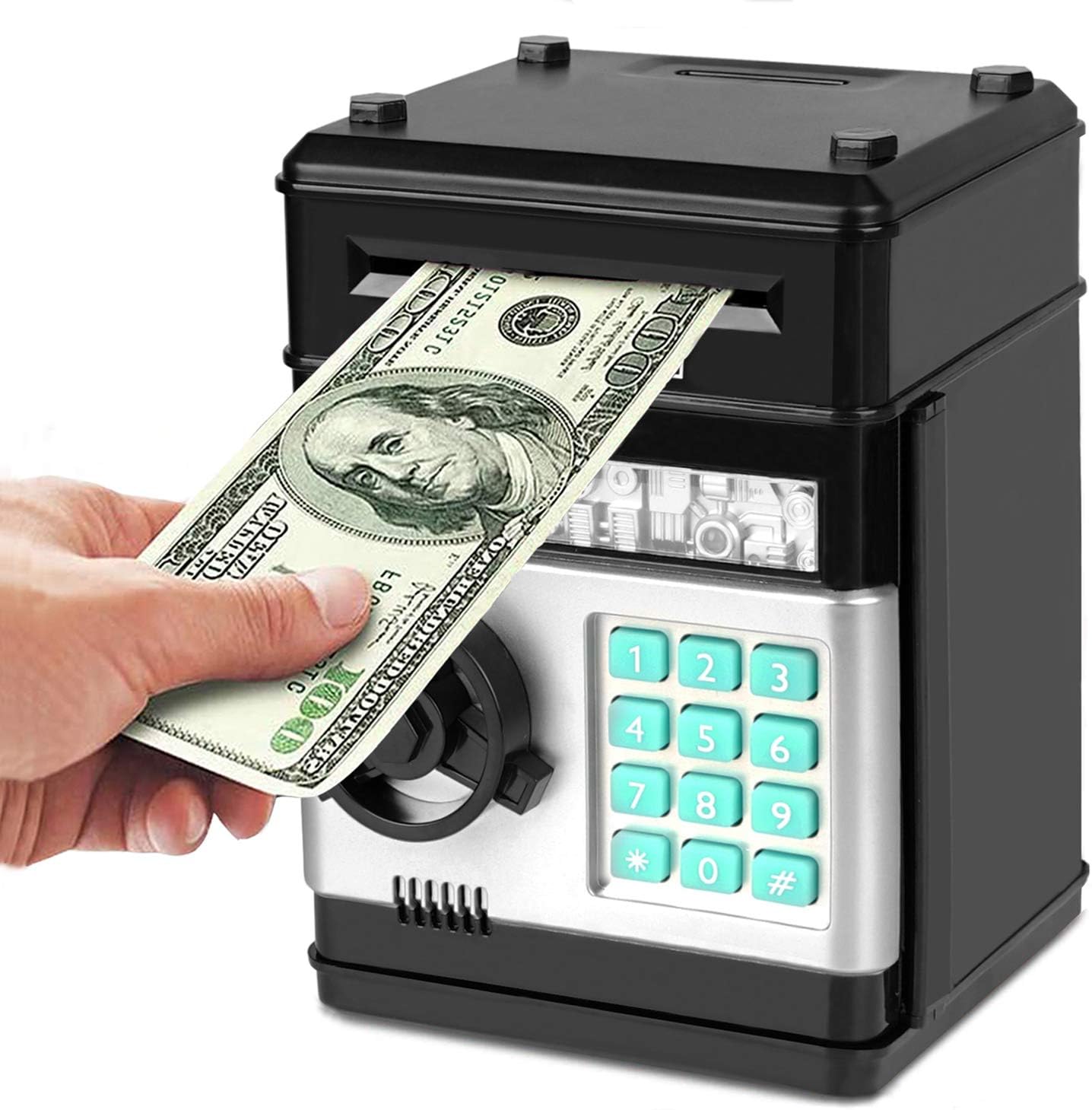 Electronic Piggy Bank, Mini ATM Password Money Bank Cash Coins Saving Box for Kids, Cartoon Safe Bank Box Perfect Toy Gifts for Boys Girls (Black)