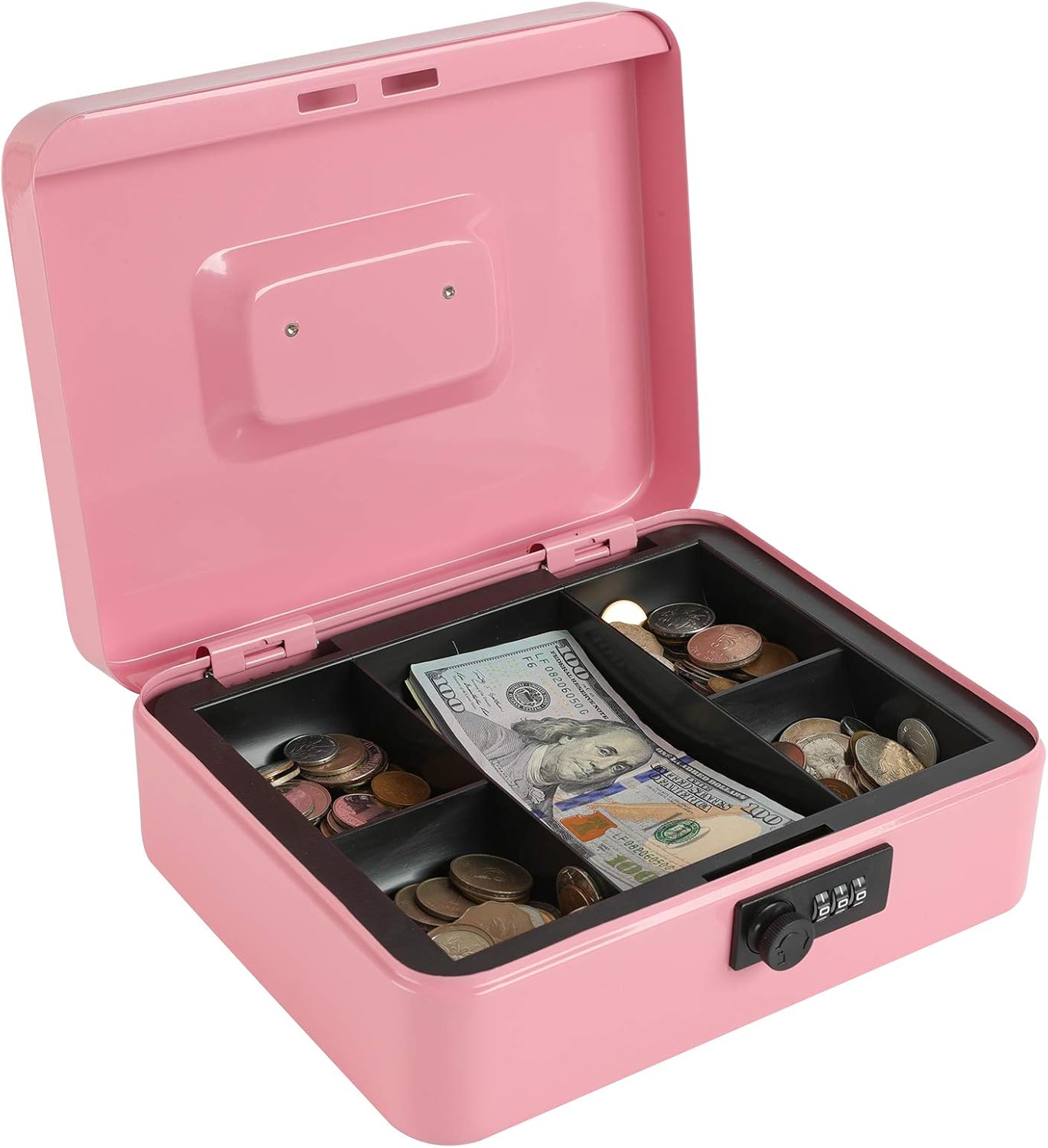 xydled Steel Cash Box Safe with Combination Lock,Money Safe Box with Removable Coin Tray,Large,9.84″x 7.87″x 3.54″,Pink