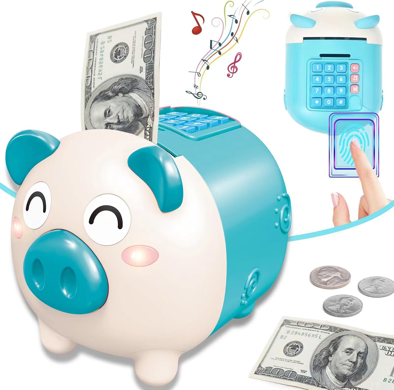 Piggy Bank Cash Coin Can Electronic ATM Bank Coin Money Bank Toys Birthday Gifts for 3 4 5 6 7 8 9 10 11 12 Year Old Boys Kid with Fingerprint Lock and 30 Most Popular Bedtime Piano Music, Blue