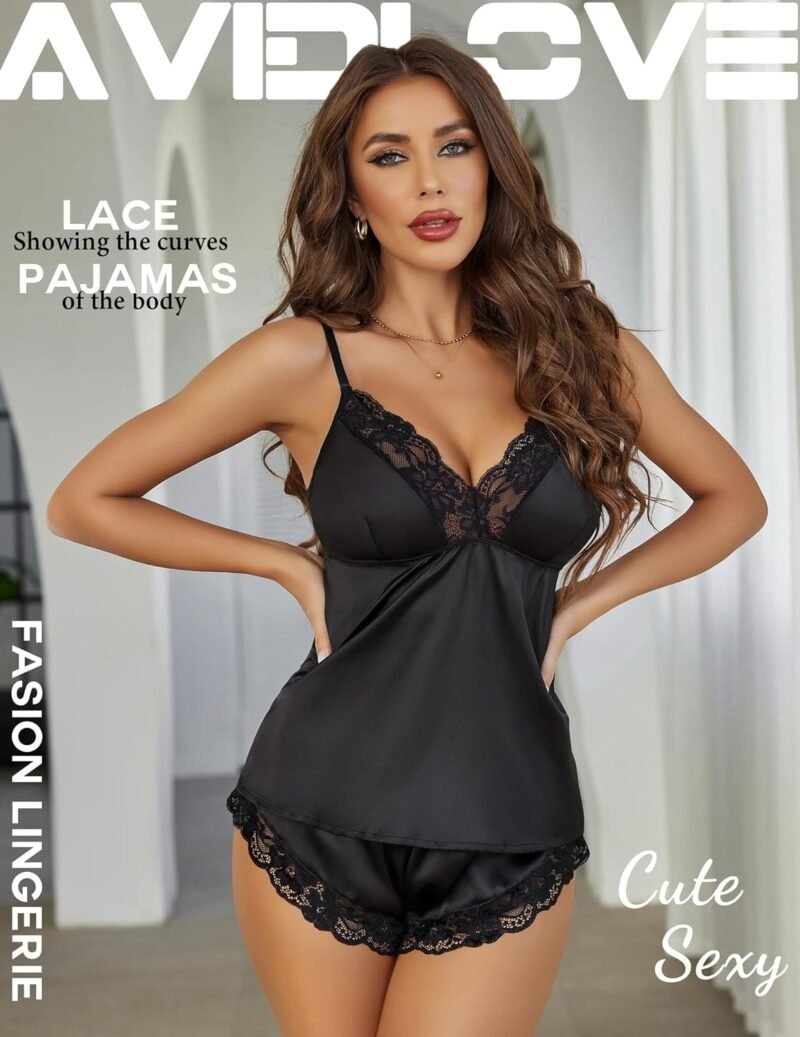 Avidlove Satin Pajamas Set Womens Lace Sleepwear Sexy Lingerie Cami Shorts Set S-XXL - Image 3