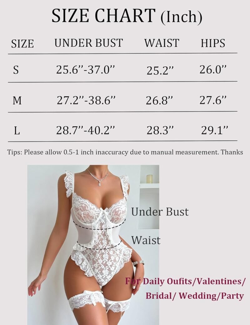 Aranmei Women Sexy Lingerie Bodysuit Floral Lace Teddy Babydoll Snap Crotch Ruffle One Piece with Thigh Bands - Image 7