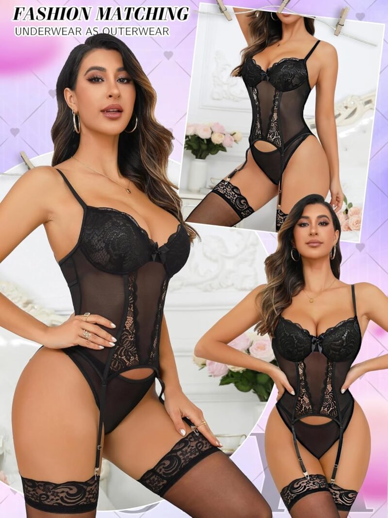 Women's Sexy Lingerie Set with Garter Belt Lace Bodysuit Teddy Baby Dolls Panty with Stockings - Image 5