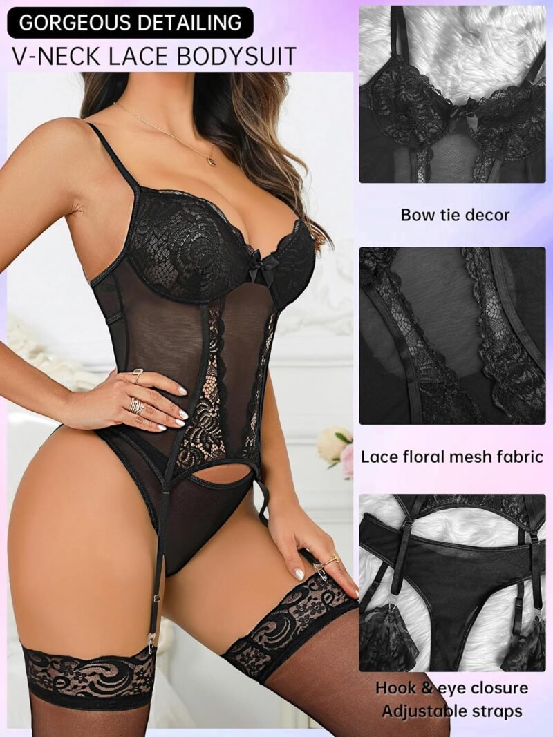 Women's Sexy Lingerie Set with Garter Belt Lace Bodysuit Teddy Baby Dolls Panty with Stockings - Image 3