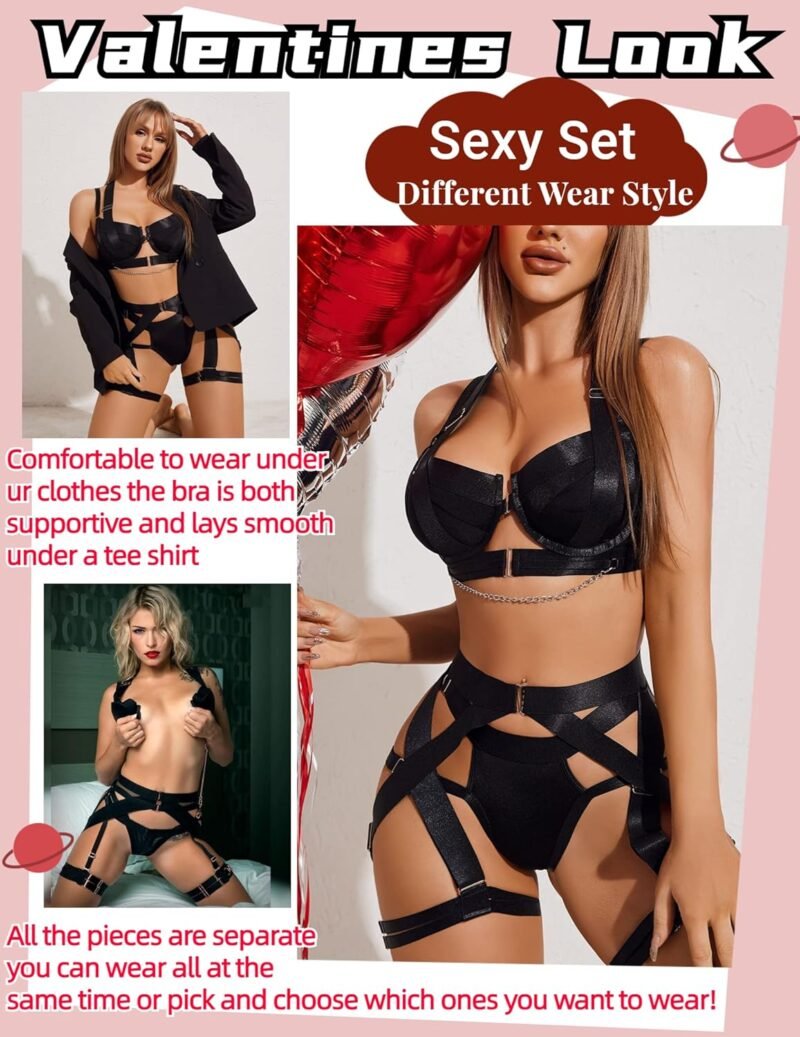 Avidlove Lingerie Set for Women Sexy Strappy Lingerie Underwire Push Up Bra Garter Set Lingerie with Chain - Image 4