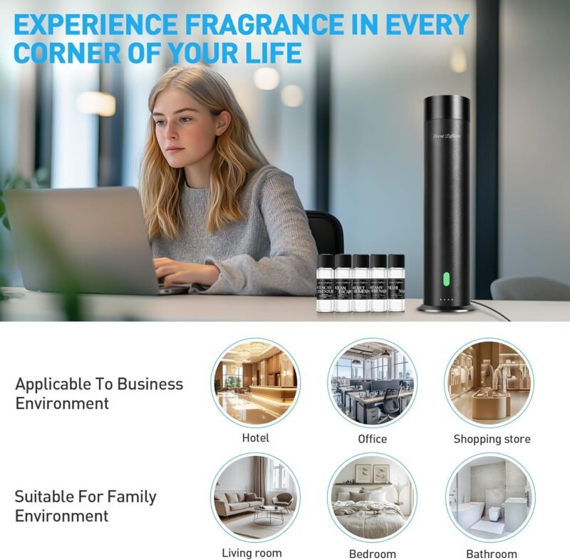 Hotel Diffuser Starter Kit, Waterless Essential Oil Diffuser - 1000 Sq Ft Coverage, Waterless Diffusers for Home Included 5 Scent Oils, App Control, Black, 11In - Image 6