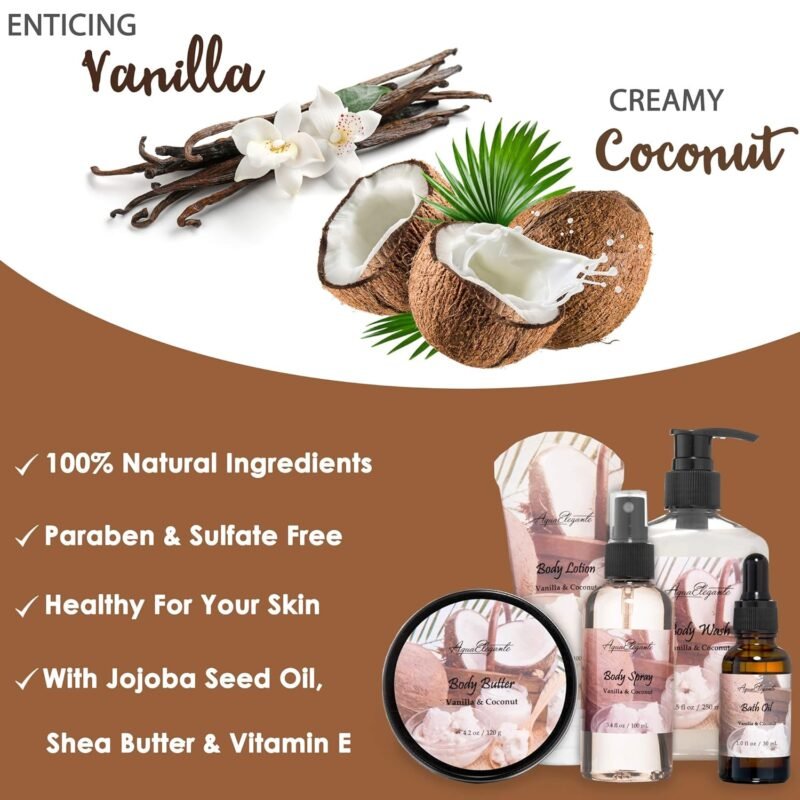 Spa Gift Baskets For Women - Luxury Bath Set With Coconut & Vanilla - Spa Kit Includes Body Wash, Bubble Bath, Lotion, Body Butter, Soap, Body Spray, Shower Puff, and Towel - Image 3