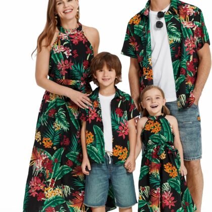 PATPAT Family Hawaiian Matching Outfits Mommy and Me Outfits Caribbean Vacation Summer Tropical Halter Sundresses and Shirts