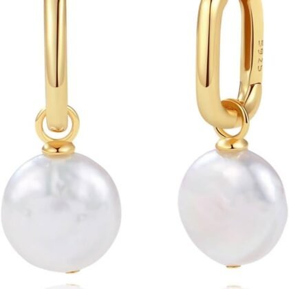 CAITLYNMINIMALIST Bridget Geometric Pearl Charm 18K Gold Sterling Silver Huggie Hoop Earrings for Women