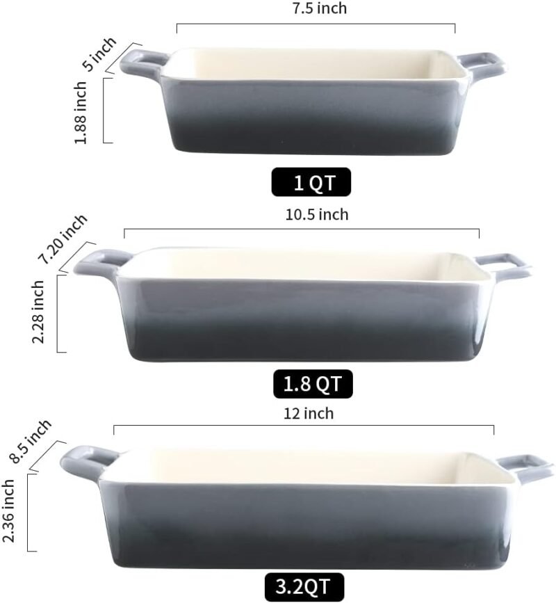 KOOV Bakeware Set, Ceramic Baking Dish, Rectangular Baking Pans for Cooking, Cake Dinner, Kitchen, Banquet and Daily Use, 12 x 8.5 Inches, 3-Piece (Gradient Gray) - Image 3