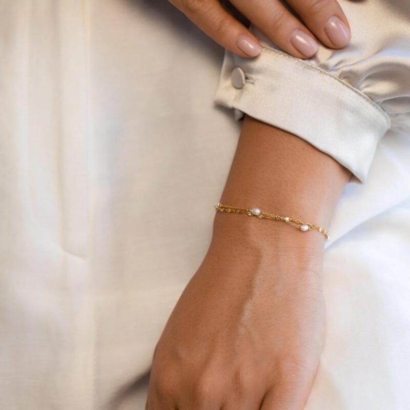 CAITLYNMINIMALIST Dainty 18K Gold Sterling Silver Adjustable Cable Twist Chain Pearl Bead Station Bracelet Tiny Duo Wrap Gift for Women - Image 3