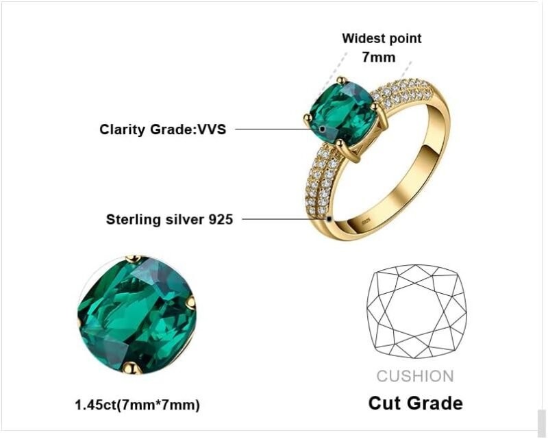 JewelryPalace Cushion Cut 1.8ct Simulated Emerald Solitaire Rings for Her, 14K White Yellow Rose 925 Sterling Silver Promise Ring for Women, Green Gemstone Jewelry Sets Rings - Image 2