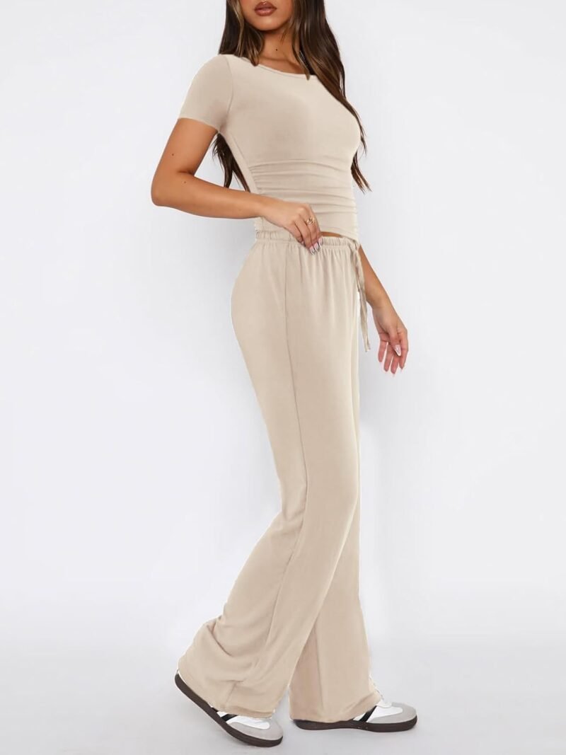 FAIRY SEASON Womens 2 Piece Lounge Sets Drawstring Wide Leg Pants Set Asymmetrical Short Sleeve T-shirt Loungewear Outfits - Image 3