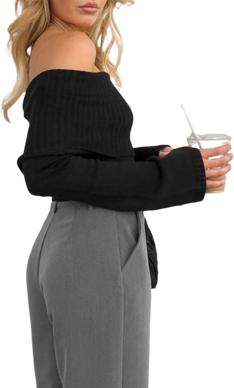 Women Casual Solid Sweater Top Long Sleeve Off Shoulder Ribbed Knit Cropped Shirt Fairy Grunge Fall Y2K Streetwear - Image 2