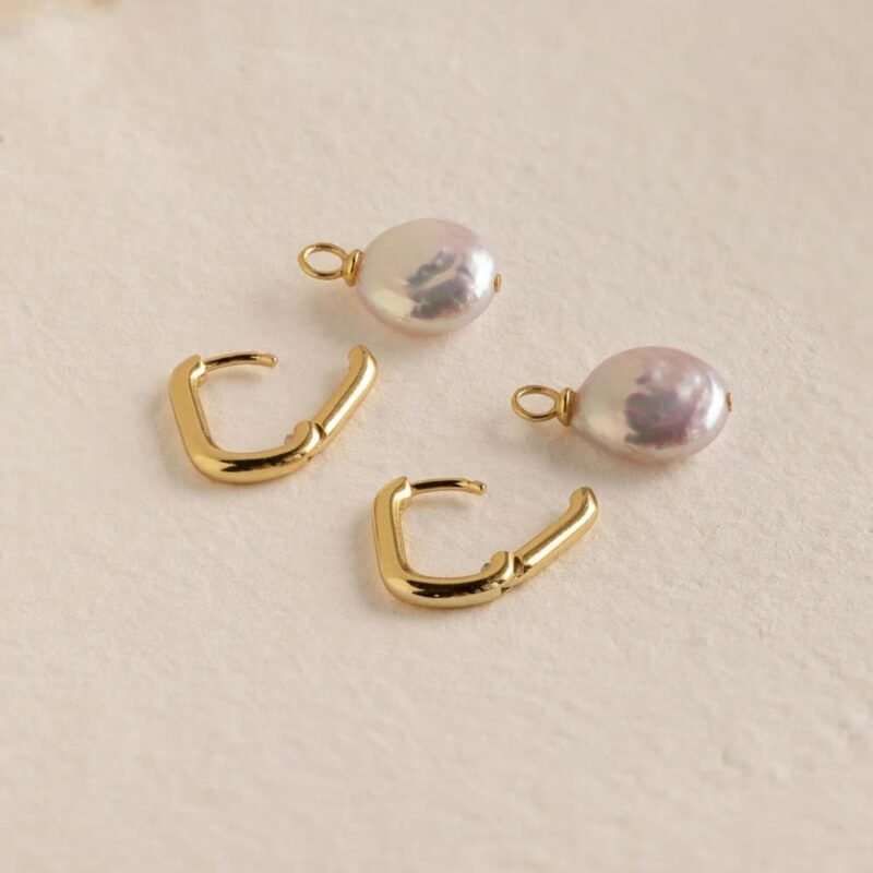 CAITLYNMINIMALIST Bridget Geometric Pearl Charm 18K Gold Sterling Silver Huggie Hoop Earrings for Women - Image 6