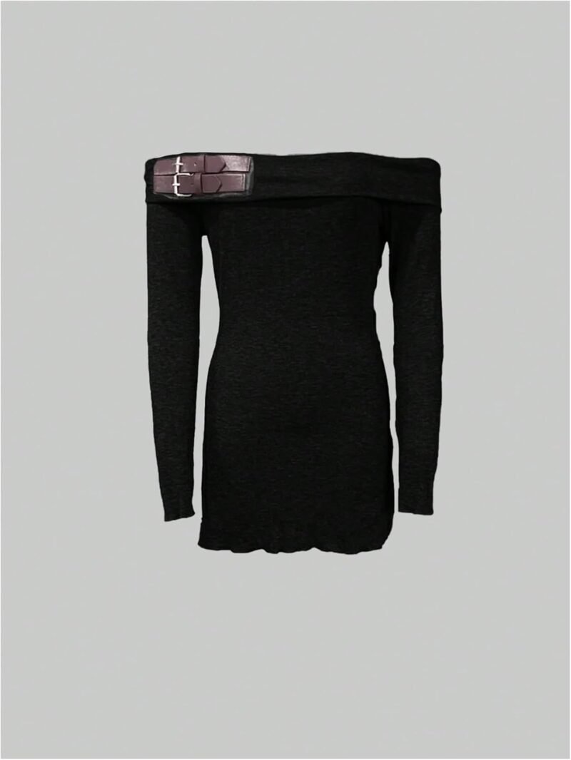 Floerns Women's Off Shoulder Sweater Dress Long Sleeve Ribbed Club Bodycon Mini Dress - Image 3