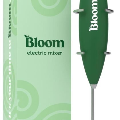 Bloom Nutrition Milk Frother, Hand Mixer, Electric, Handheld Drink Stirrer, Frothing Wand, Foam Maker for Coffee, Matcha, Protein, Greens, Stainless Steel, Battery Operated, Includes Whisk Stand