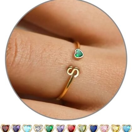 JSJOY Birthstone Rings for Women 26 A-Z Initial Ring Adjustable 14k Gold Ring Birthday Gifts for Her Rings for Teen Sister Bridesmaid Gifts Dainty Letter Jewelry